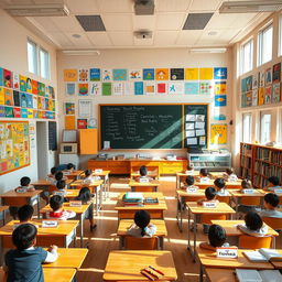 A large, spacious classroom filled with colorful, educational posters on the walls