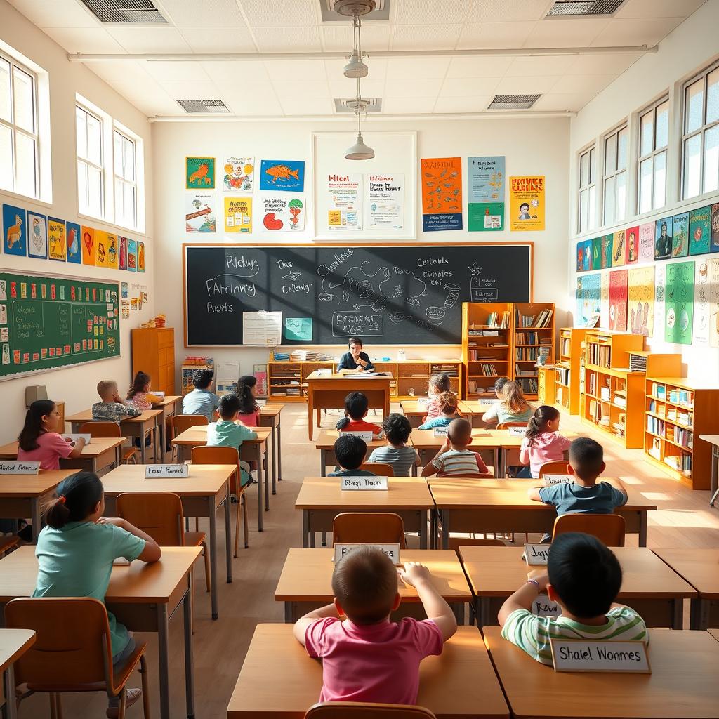 A large, spacious classroom filled with colorful, educational posters on the walls