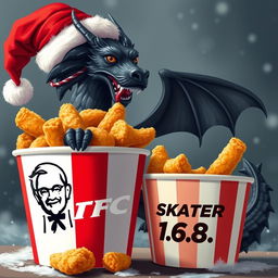 A captivating image illustrating a KFC fried chicken bucket brimming with delicious, crispy fried chicken, prominently showcasing the logo name 'SKATER 1