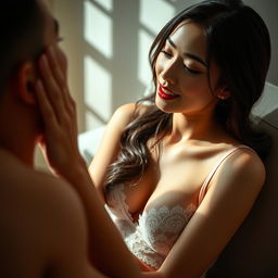 A sensual scene featuring an Asian woman wearing elegant lingerie, engaging in an intimate moment