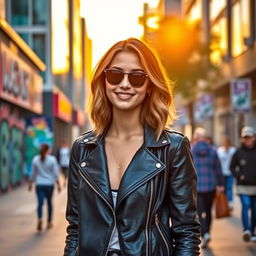 A fashionable young woman standing on a vibrant city street during sunset, wearing a stylish dark blue leather jacket