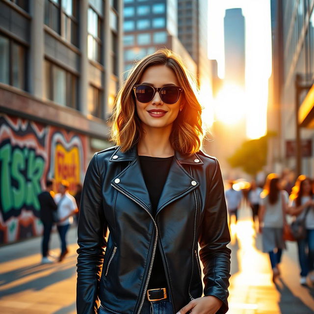 A fashionable young woman standing on a vibrant city street during sunset, wearing a stylish dark blue leather jacket