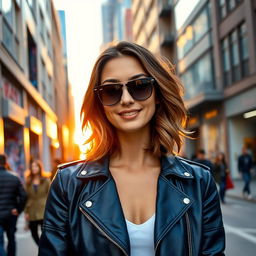 A fashionable young woman standing on a vibrant city street during sunset, wearing a stylish dark blue leather jacket