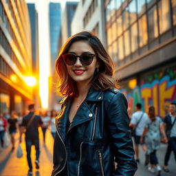 A fashionable young woman standing on a vibrant city street during sunset, wearing a stylish dark blue leather jacket