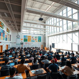 A massive, expansive classroom filled with modern educational technology, high ceilings, large windows allowing natural light to flood the space, colorful educational posters on walls, a large whiteboard in front, multiple rows of desks filled with attentive adult students learning, and a visible high-tech projector displaying a presentation
