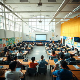 A massive, expansive classroom filled with modern educational technology, high ceilings, large windows allowing natural light to flood the space, colorful educational posters on walls, a large whiteboard in front, multiple rows of desks filled with attentive adult students learning, and a visible high-tech projector displaying a presentation