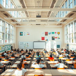 A massive, expansive classroom filled with modern educational technology, high ceilings, large windows allowing natural light to flood the space, colorful educational posters on walls, a large whiteboard in front, multiple rows of desks filled with attentive adult students learning, and a visible high-tech projector displaying a presentation