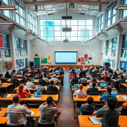 A massive, expansive classroom filled with modern educational technology, high ceilings, large windows allowing natural light to flood the space, colorful educational posters on walls, a large whiteboard in front, multiple rows of desks filled with attentive adult students learning, and a visible high-tech projector displaying a presentation