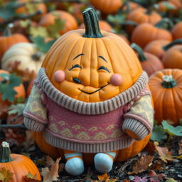 An adorable, oversized pumpkin with a cute, sweet personality, dressed in a colorful outfit