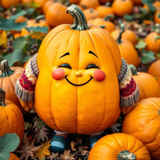 An adorable, oversized pumpkin with a cute, sweet personality, dressed in a colorful outfit