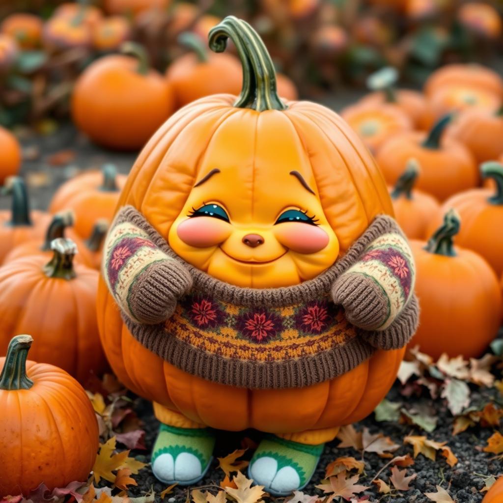 An adorable, oversized pumpkin with a cute, sweet personality, dressed in a colorful outfit