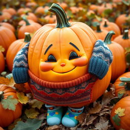 An adorable, oversized pumpkin with a cute, sweet personality, dressed in a colorful outfit