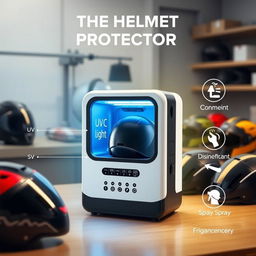 A detailed illustration of a compact, box-like device named 'The Helmet Protector' designed for sanitizing helmets
