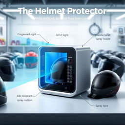 A detailed illustration of a compact, box-like device named 'The Helmet Protector' designed for sanitizing helmets
