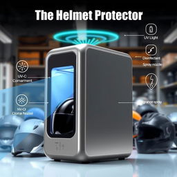 A detailed illustration of a compact, box-like device named 'The Helmet Protector' designed for sanitizing helmets