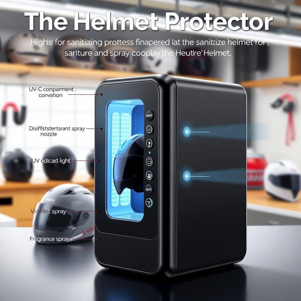 A detailed illustration of a compact, box-like device named 'The Helmet Protector' designed for sanitizing helmets