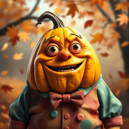 A whimsical depiction of an ugly, fat pumpkin wearing charming and colorful clothes