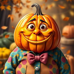 A whimsical depiction of an ugly, fat pumpkin wearing charming and colorful clothes