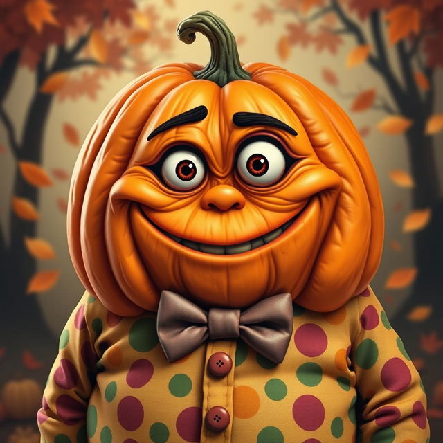 A whimsical depiction of an ugly, fat pumpkin wearing charming and colorful clothes