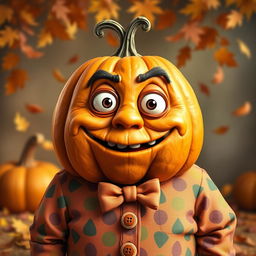 A whimsical depiction of an ugly, fat pumpkin wearing charming and colorful clothes