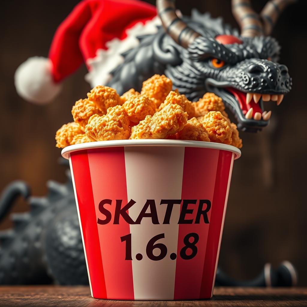 A striking image featuring a KFC fried chicken bucket brimming with delicious, golden fried chicken, prominently displaying the brand name 'SKATER 1