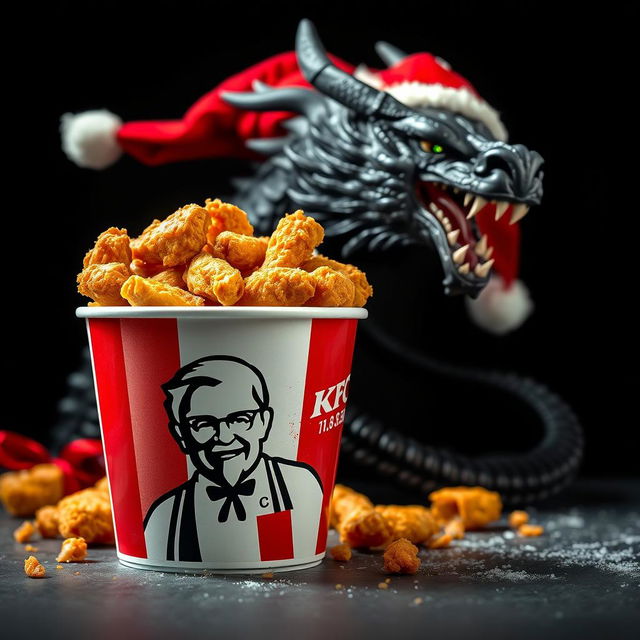 A striking image featuring a KFC fried chicken bucket brimming with delicious, golden fried chicken, prominently displaying the brand name 'SKATER 1