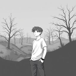 A teenage boy standing alone in a desaturated, monochrome world