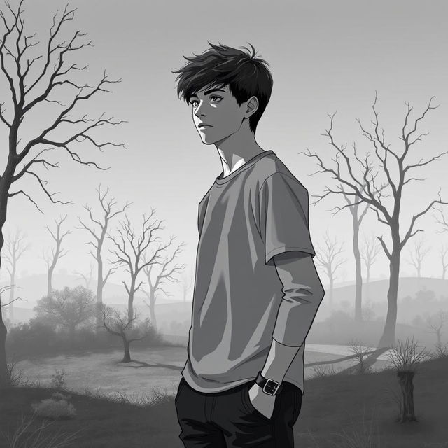 A teenage boy standing alone in a desaturated, monochrome world