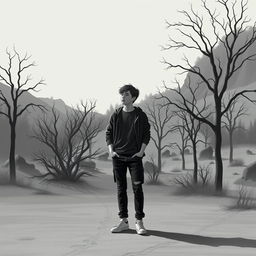 A teenage boy standing alone in a desaturated, monochrome world