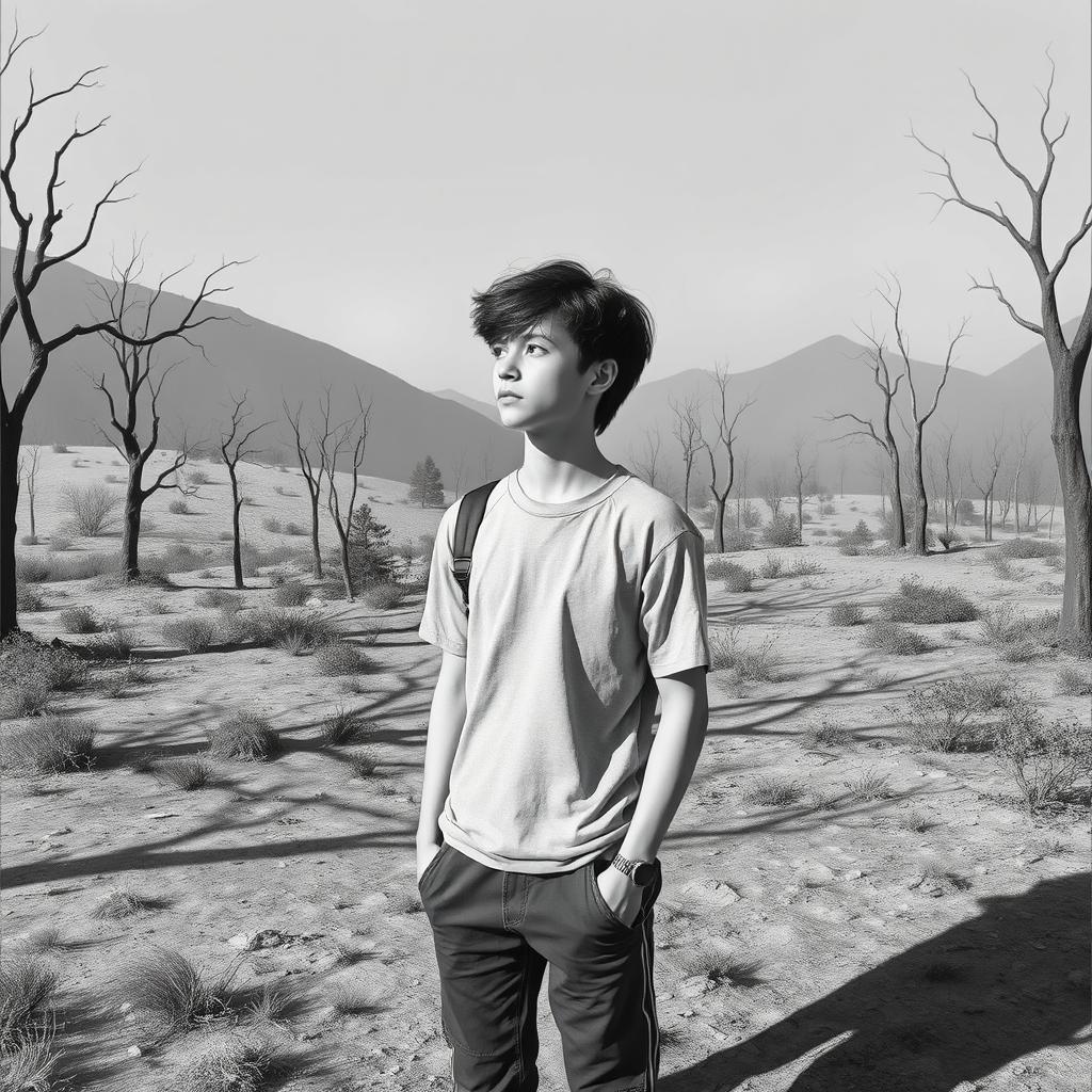 A teenage boy standing alone in a desaturated, monochrome world