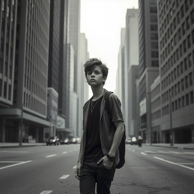 A teenage boy walking through a desaturated, monochrome cityscape