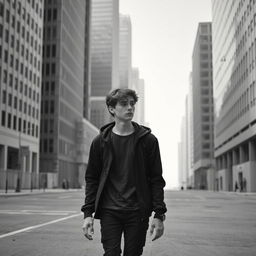 A teenage boy walking through a desaturated, monochrome cityscape
