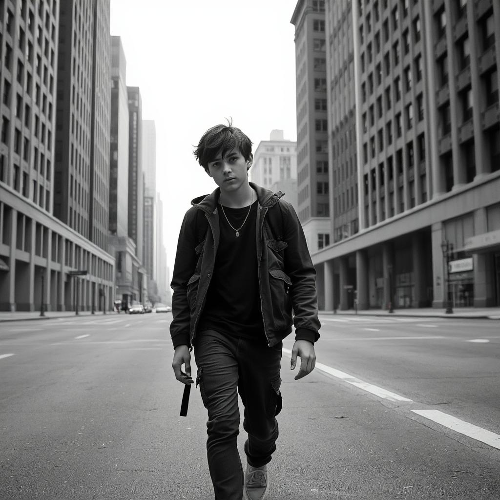 A teenage boy walking through a desaturated, monochrome cityscape