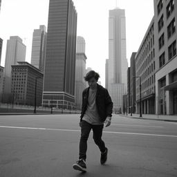 A teenage boy walking through a desaturated, monochrome cityscape