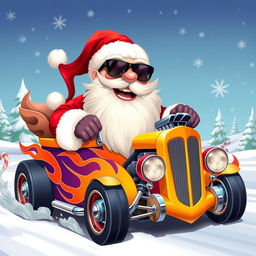 A whimsical 2D illustration of Santa Claus in the style of Zeus, featuring him wearing stylish sunglasses while riding a colorful hot rod car