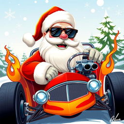 A whimsical 2D illustration of Santa Claus in the style of Zeus, featuring him wearing stylish sunglasses while riding a colorful hot rod car