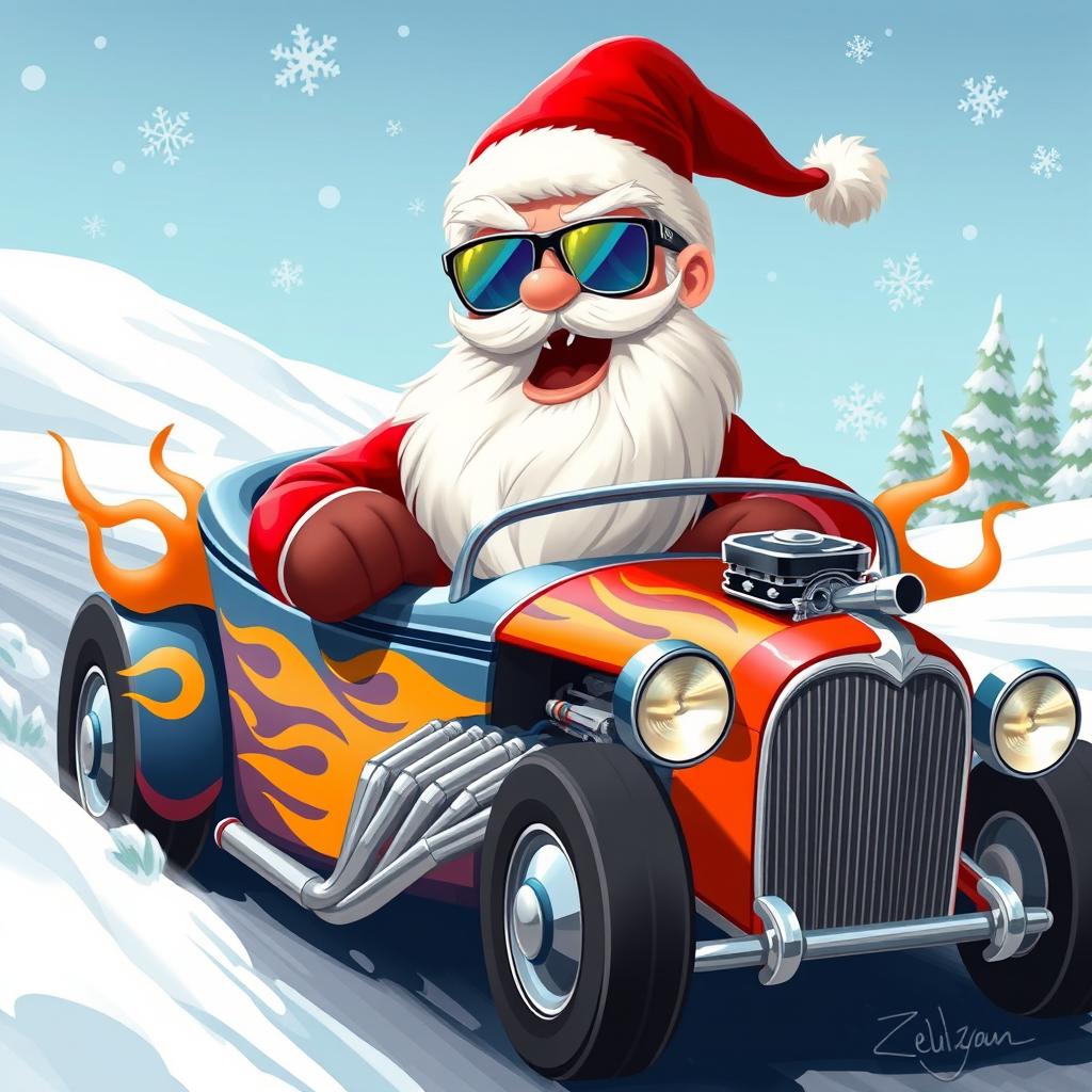 A whimsical 2D illustration of Santa Claus in the style of Zeus, featuring him wearing stylish sunglasses while riding a colorful hot rod car