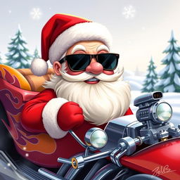 A whimsical 2D illustration of Santa Claus in the style of Zeus, featuring him wearing stylish sunglasses while riding a colorful hot rod car
