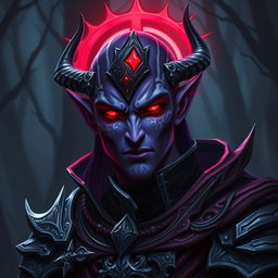 A male drow paladin with striking purple skin and intense red glowing eyes, adorned with intricate white tattoos on his face