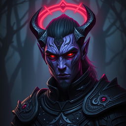 A male drow paladin with striking purple skin and intense red glowing eyes, adorned with intricate white tattoos on his face