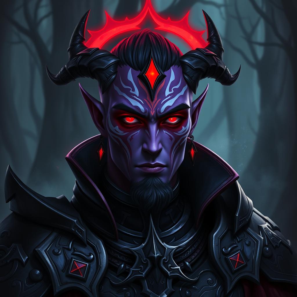 A male drow paladin with striking purple skin and intense red glowing eyes, adorned with intricate white tattoos on his face