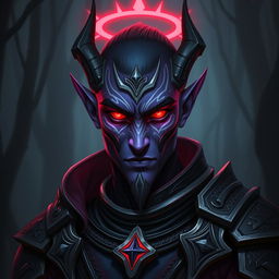 A male drow paladin with striking purple skin and intense red glowing eyes, adorned with intricate white tattoos on his face