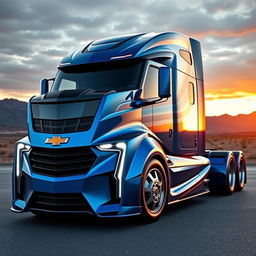 A futuristic semi-truck designed with Chevrolet Camaro styling, showcasing sleek aerodynamic lines and an aggressive stance