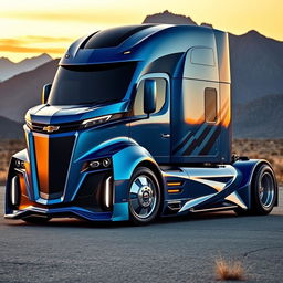 A futuristic semi-truck designed with Chevrolet Camaro styling, showcasing sleek aerodynamic lines and an aggressive stance