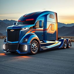 A futuristic semi-truck designed with Chevrolet Camaro styling, showcasing sleek aerodynamic lines and an aggressive stance