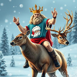 A powerful and dynamic depiction of Zeus, the Greek god, embodying a modern twist by wearing a vibrant skater shirt featuring a Santa Claus logo
