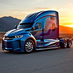 A futuristic semi-truck designed with Chevrolet Camaro styling, showcasing sleek aerodynamic lines and an aggressive stance