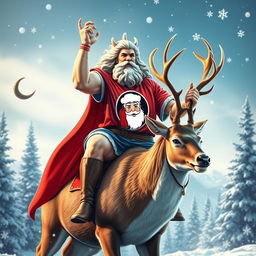 A powerful and dynamic depiction of Zeus, the Greek god, embodying a modern twist by wearing a vibrant skater shirt featuring a Santa Claus logo