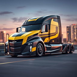 A cutting-edge semi-truck with a design inspired by the Chevrolet Camaro, featuring a muscular body with sharp angles and an aggressive front fascia