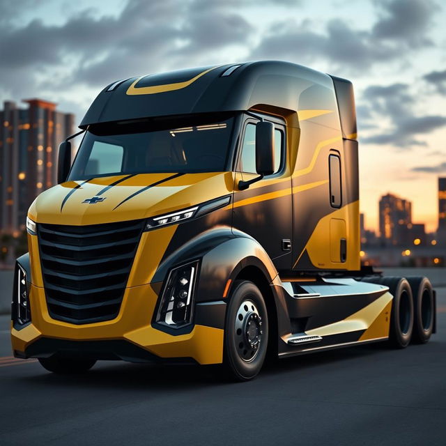 A cutting-edge semi-truck with a design inspired by the Chevrolet Camaro, featuring a muscular body with sharp angles and an aggressive front fascia